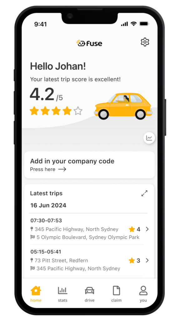 Image of the Fuse Fleet App screen showing the data on the latest trips and driver behaviour scores.