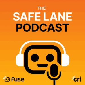 Image of the Safe Lane Podcast with the Fuse Fleet robot with headphones