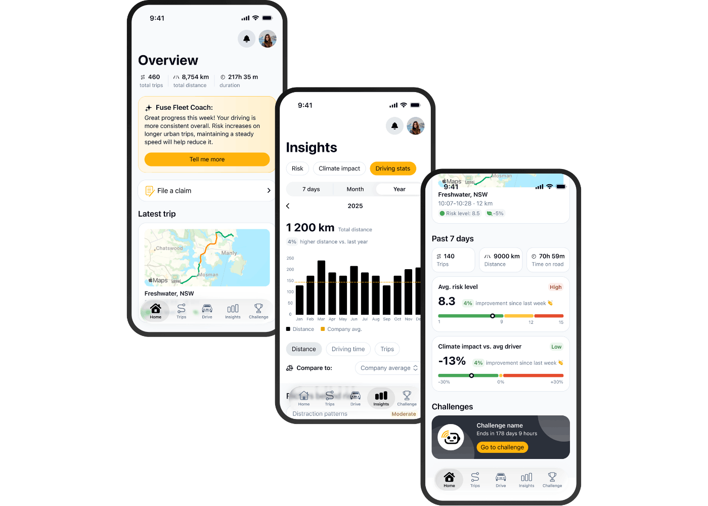 Fuse Fleet Drive App - Home Page Fuse Fleet Drive App home, trip and insights screens